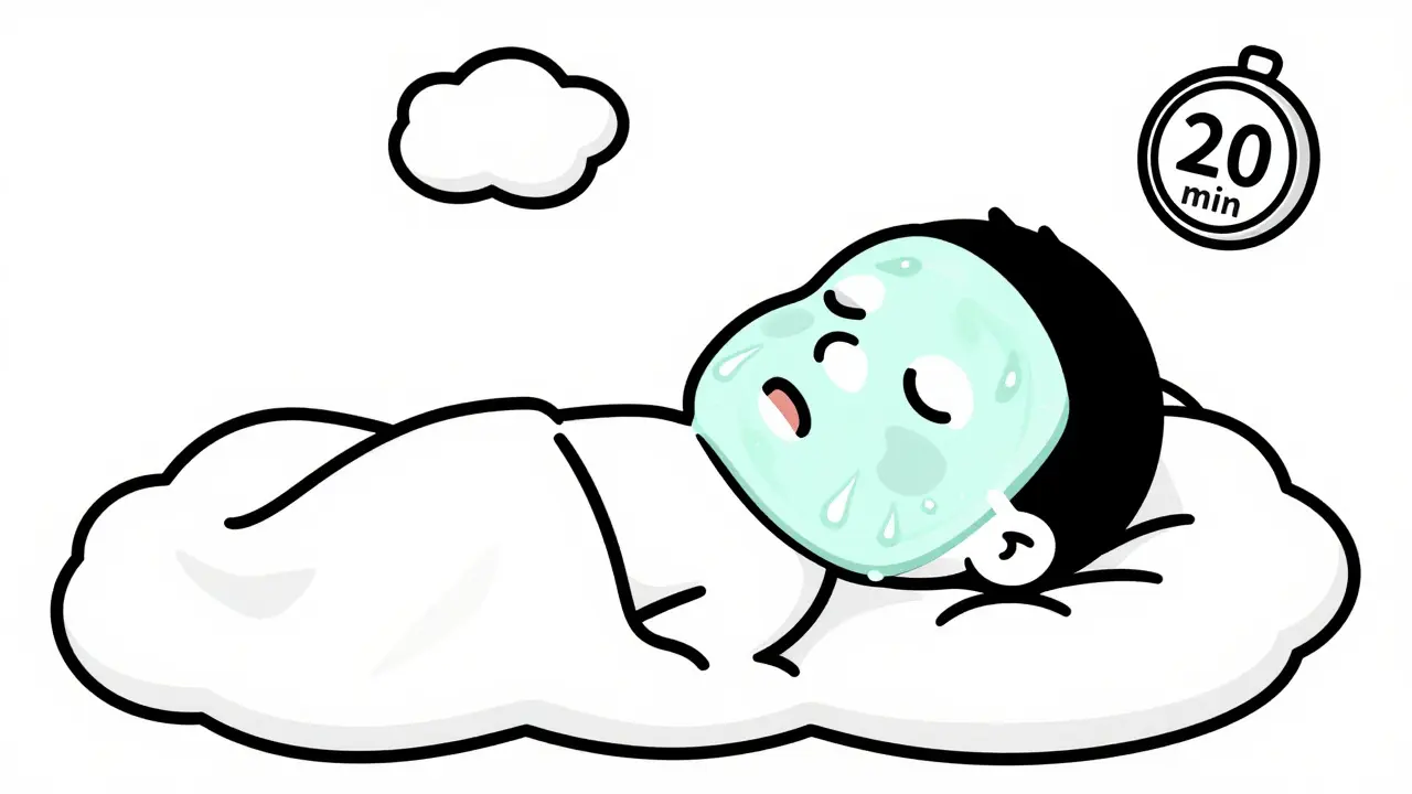 Расслабленный персонаж в тканевой маске лежит горизонтально с таймером