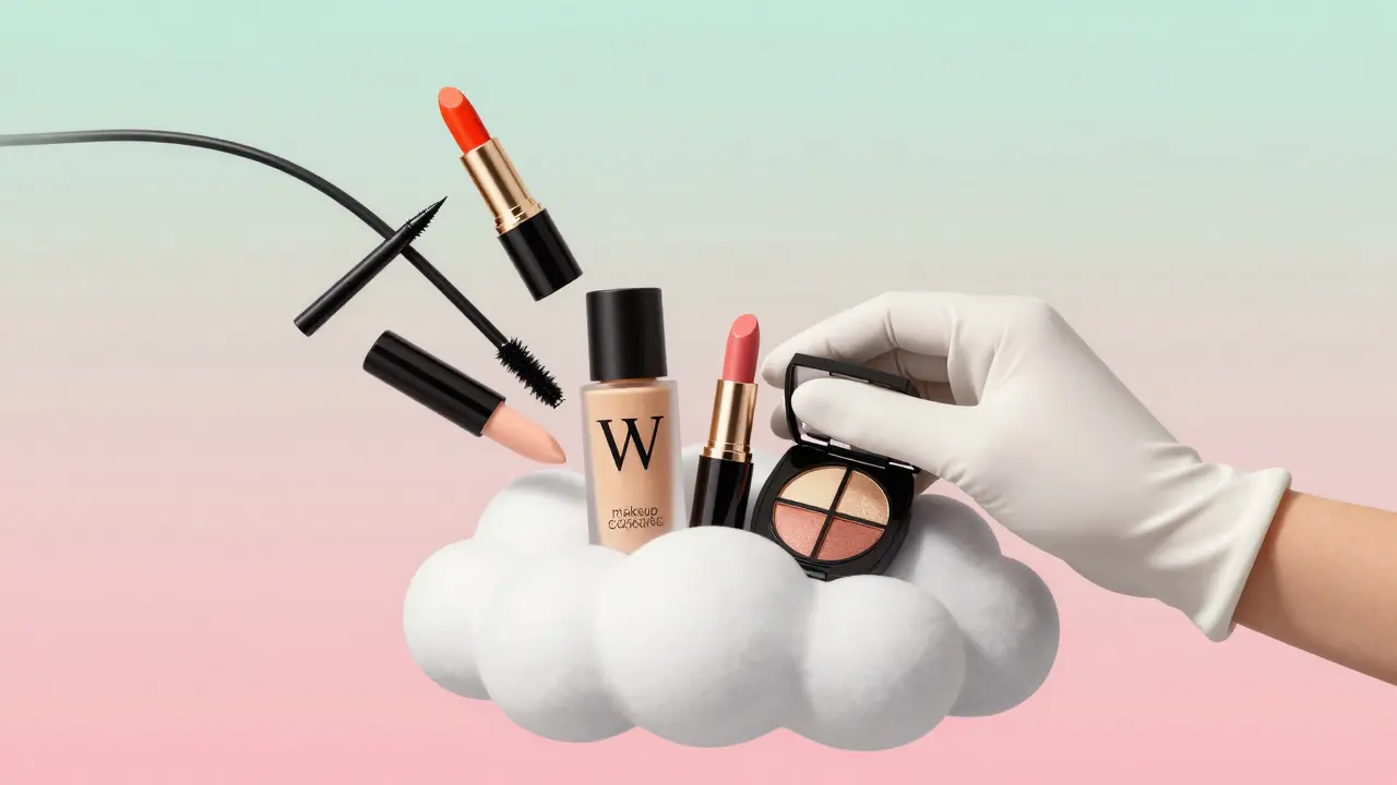 Рука в белой перчатке собирает капсулу идеальной косметики на фоне пастельных тонов.