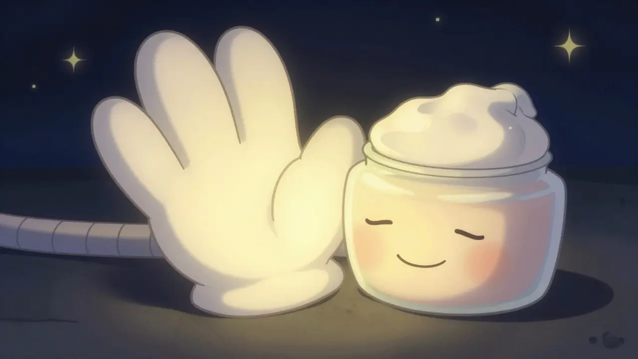 Руки в хлопковых перчатках и баночка ночного крема в стиле ретро-мультфильма