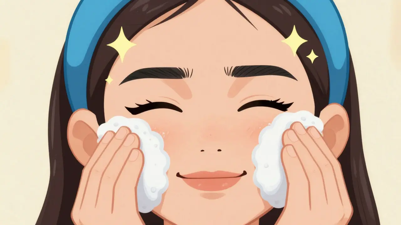 Счастливый персонаж с окрашенными бровями аккуратно умывает лицо