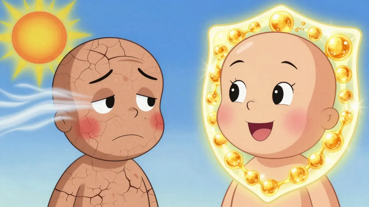 Сравнение грустного персонажа с сухой кожей и сияющего персонажа под защитным щитом.