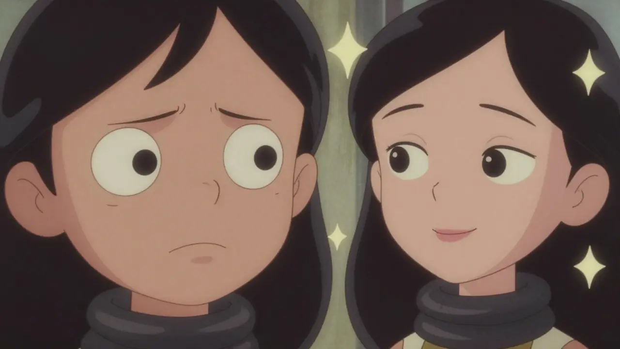 Сравнение лица персонажа до и после процедуры разглаживания морщин