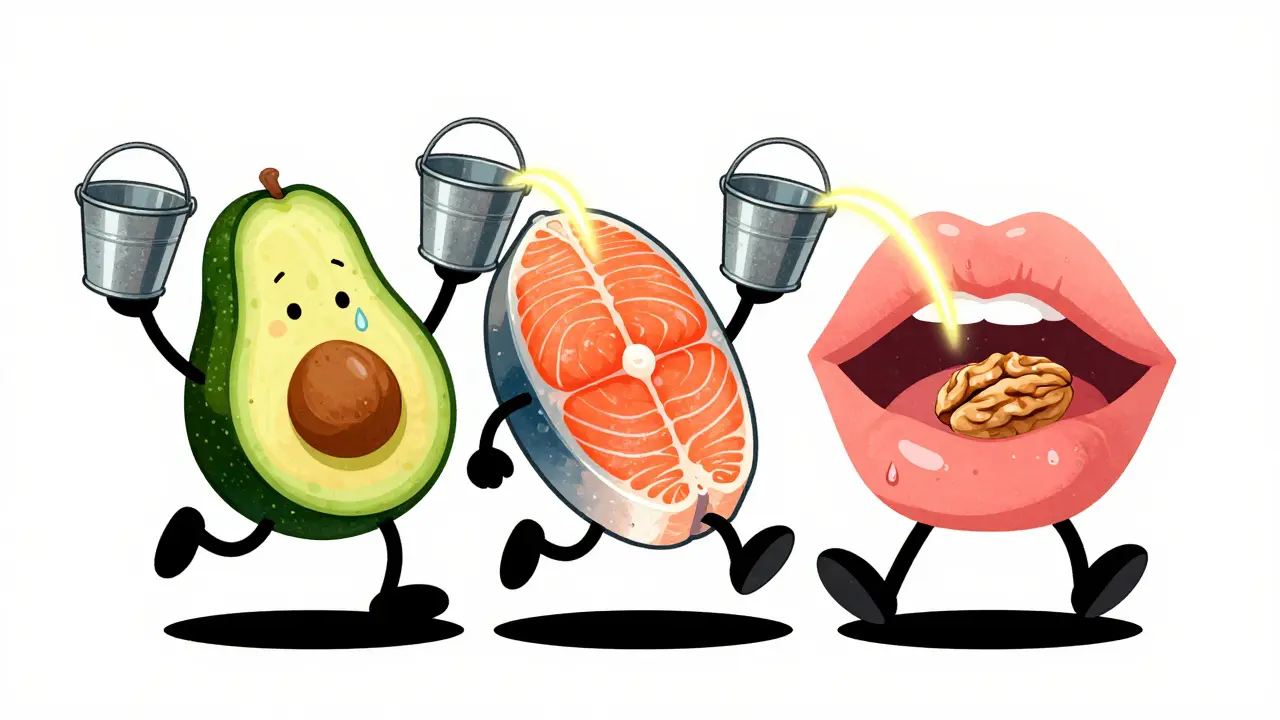 Танцующее авокадо, лосось и орех восстанавливают увлажненные губы в стиле ретро-мультфильма.