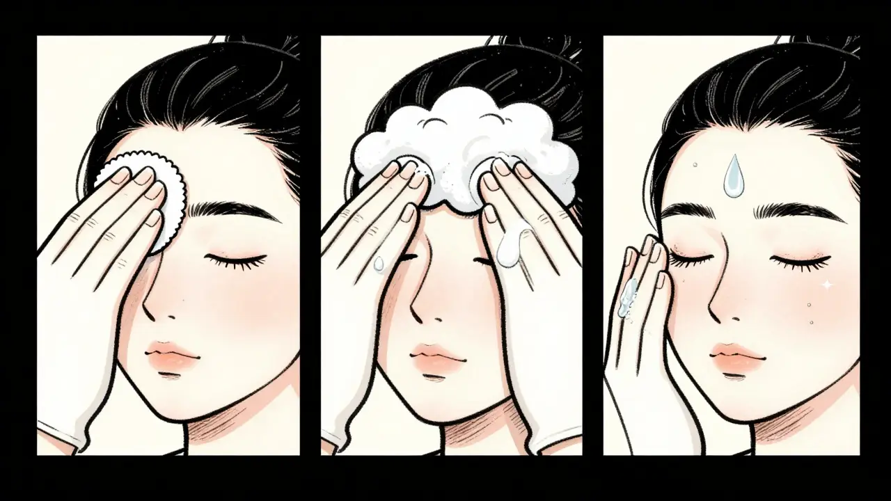 Три этапа очистки бровей: мицеллярная вода, пенка и обезжириватель в стиле ретро-мультфильма