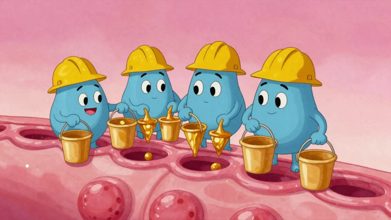 Веселые молекулы-керамиды в касках чинят защитный барьер кожи, используя золотой клей.