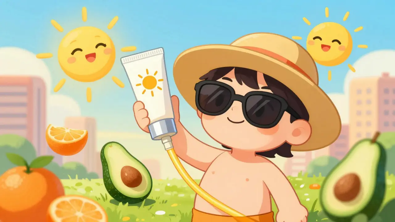 Персонаж наносит SPF крем на фоне солнца и фруктов