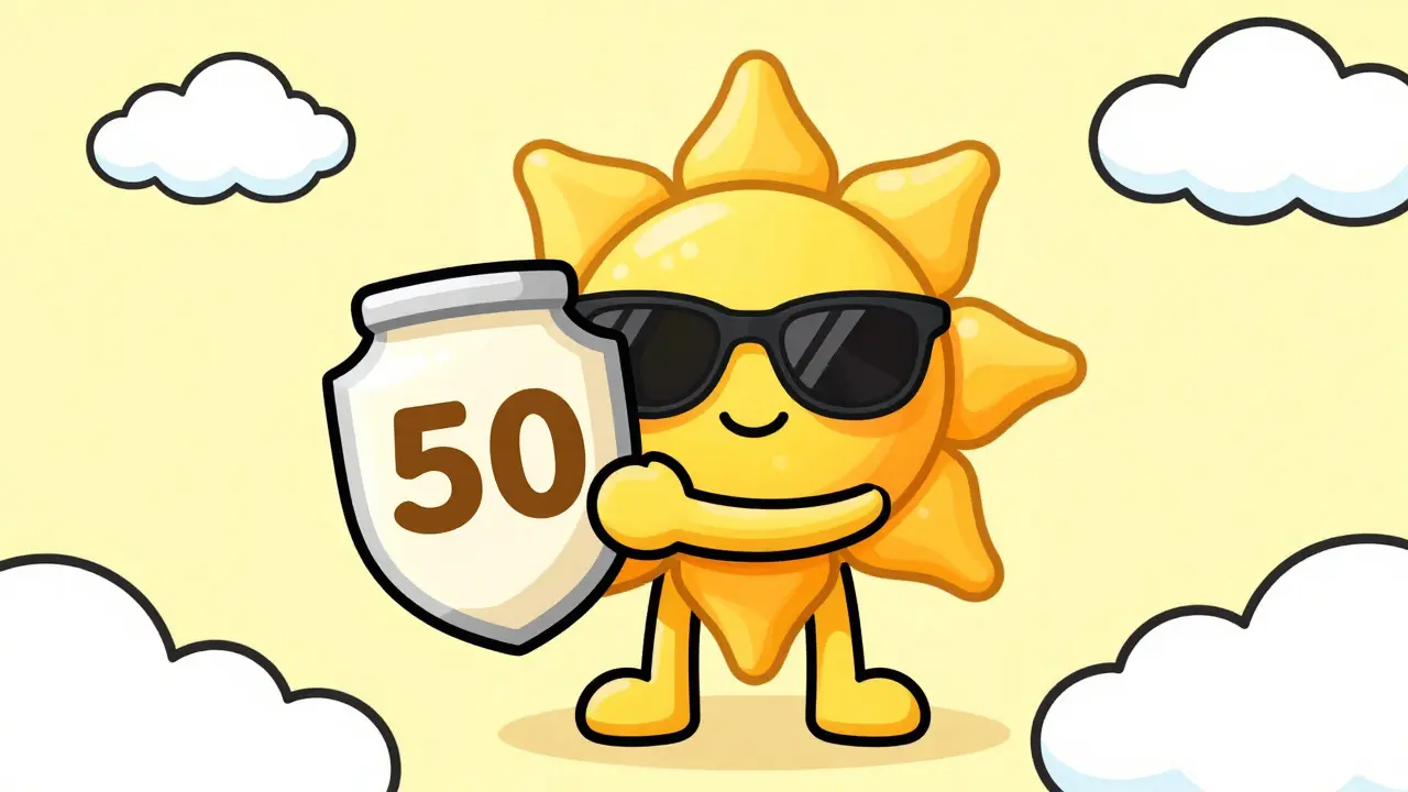 Солнце в очках держит щит с защитой SPF 50